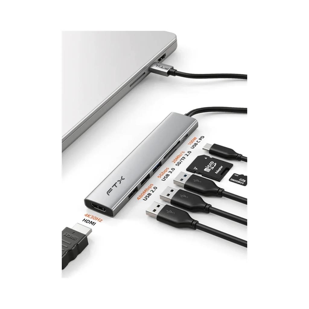 HUB 7 EN 1 USB-C - HDMI/USB-A/USB-C/SD FTX (4K/30HZ/100W/5GBPS)