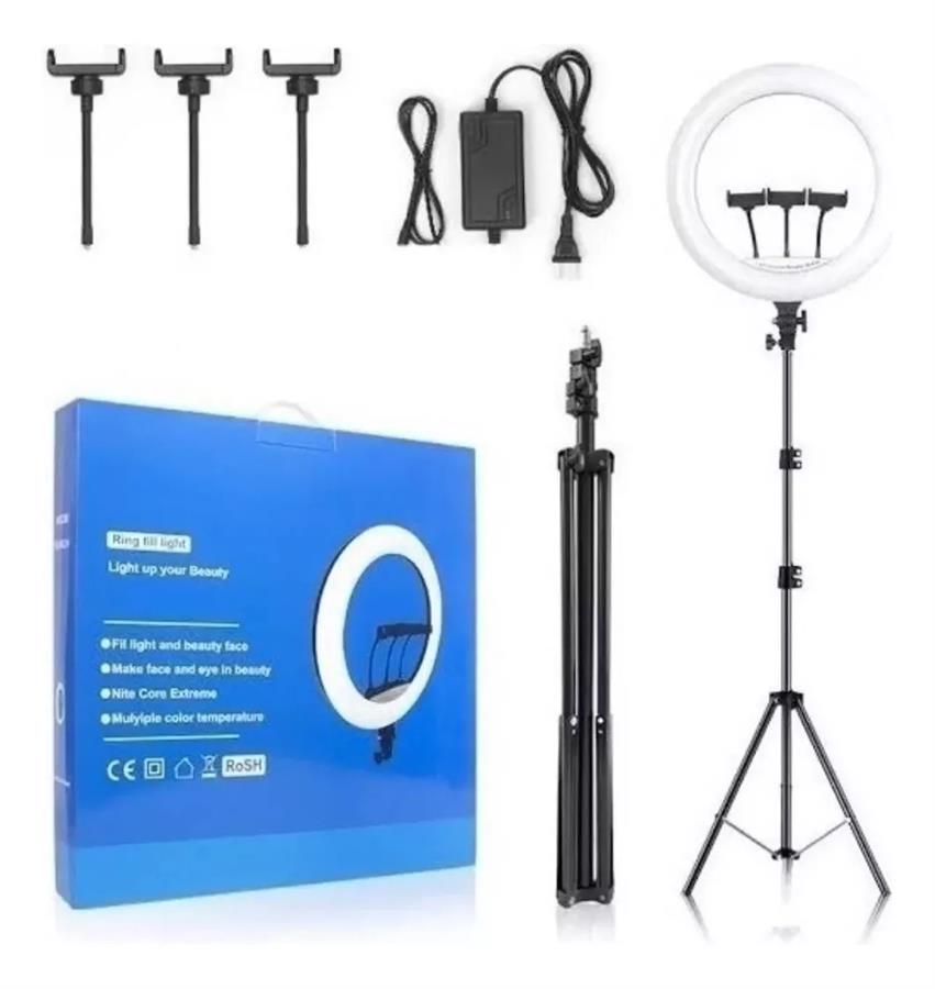 ARO DE LUZ PROFESIONAL 45 CM + TRIPODE 2.1 MTS + TRIPODE DE ESCRITORIO + CONTROL REMOTO - LUZ BLANCA (3 TONOS)